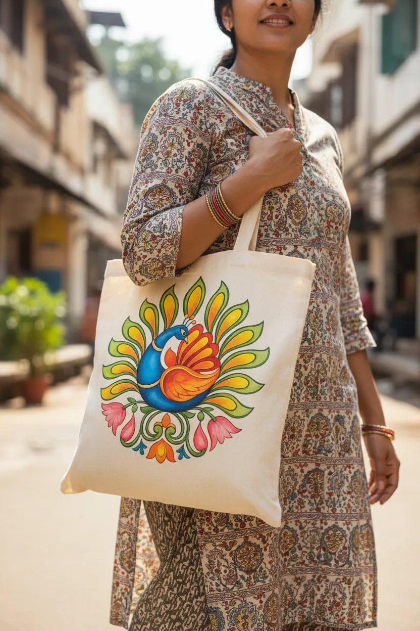 Customer photo review of Wrapzy Kerala Mural Peacock Tote Bag