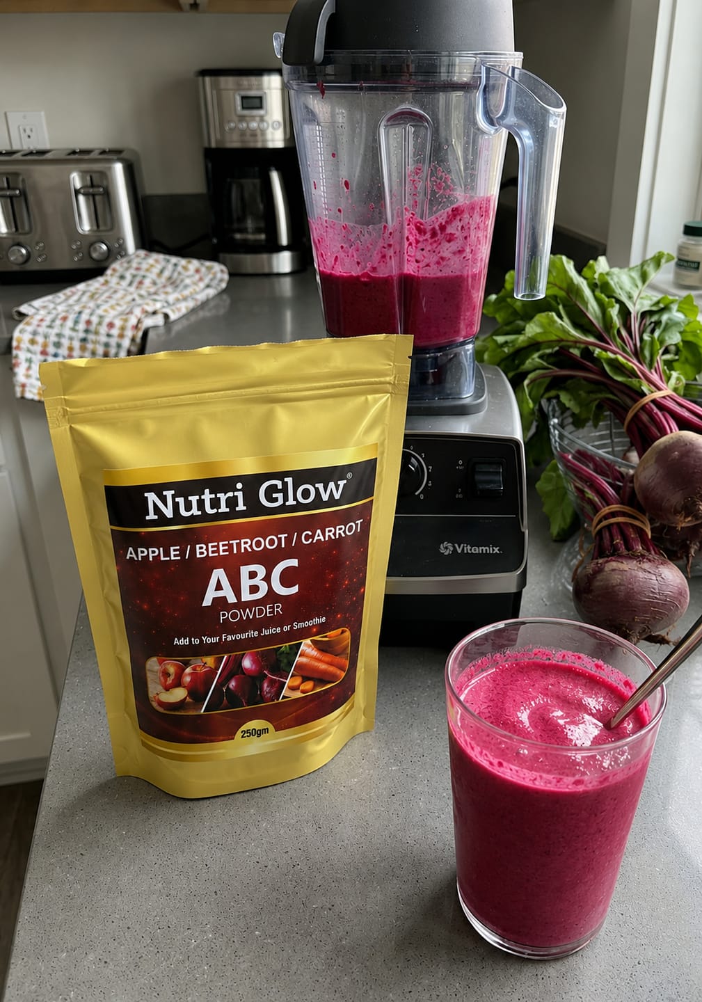 Customer photo review of Nutri Glow ABC Powder 250g – Apple Beetroot Carrot | Natural Energy & Nutrition | Mix in Smoothies, Juice & Recipes