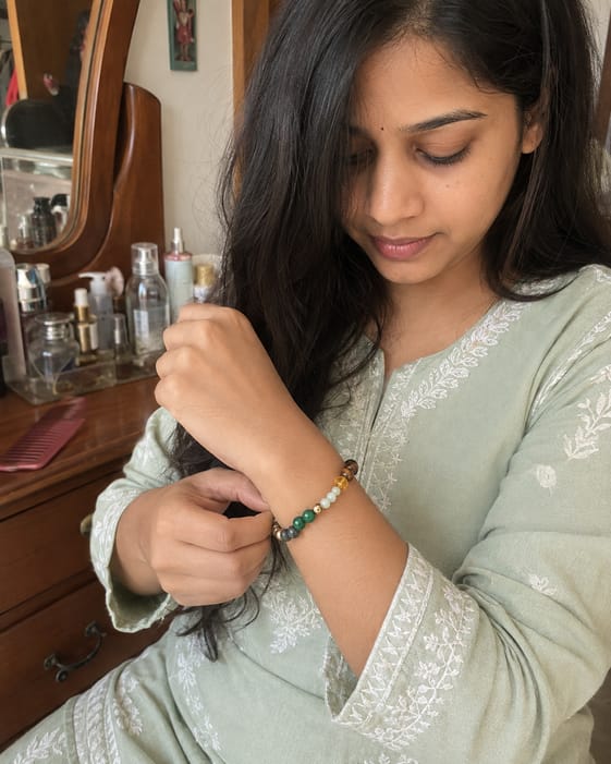 Customer photo review of Dhan Yog Bracelet – Natural Wealth & Prosperity Gemstone Bracelet