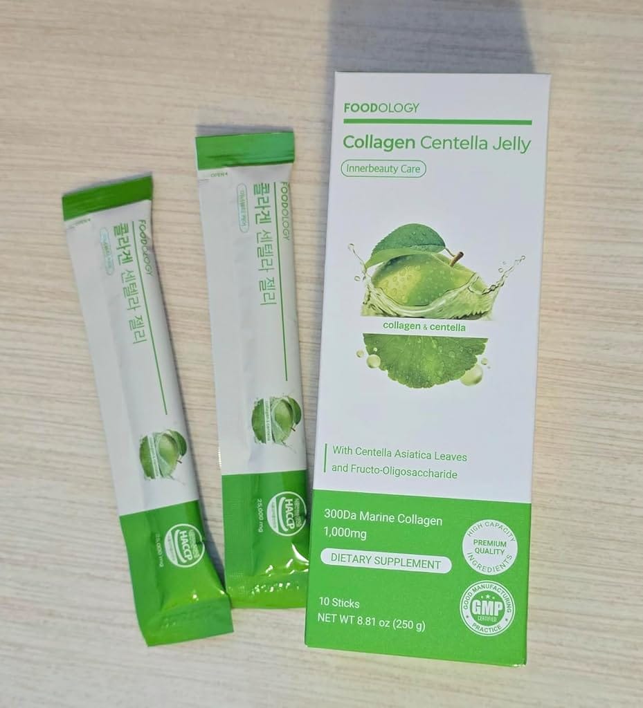 Customer photo review of FOODOLOGY Collagen Centella Jelly (Green Apple) – Collagen Peptide with PDRN – Biotin, Vitamin A & E for Skin Glow, Hair & Nails – 10 Sticks