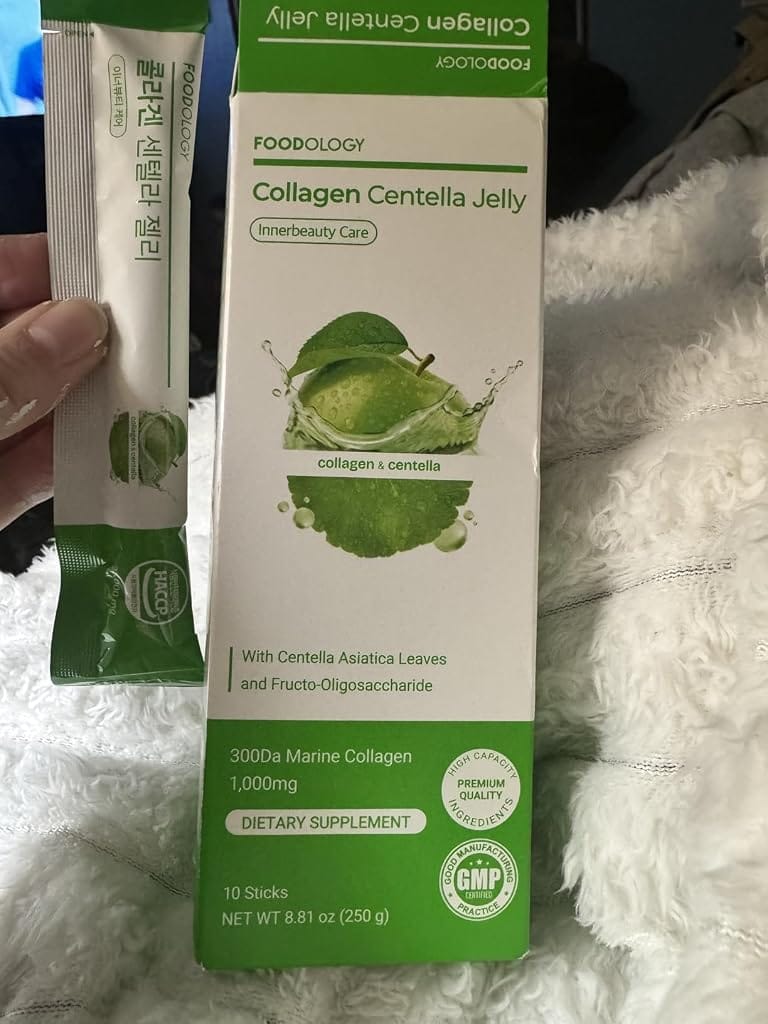 Customer photo review of FOODOLOGY Collagen Centella Jelly (Green Apple) – Collagen Peptide with PDRN – Biotin, Vitamin A & E for Skin Glow, Hair & Nails – 10 Sticks