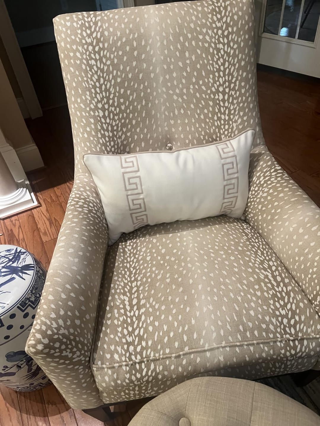 Customer photo review of Coastal Indoor Outdoor Lumbar Pillow Cover, Embroidered Greek Key with Piping, Neutral Tan, 12"x20"
