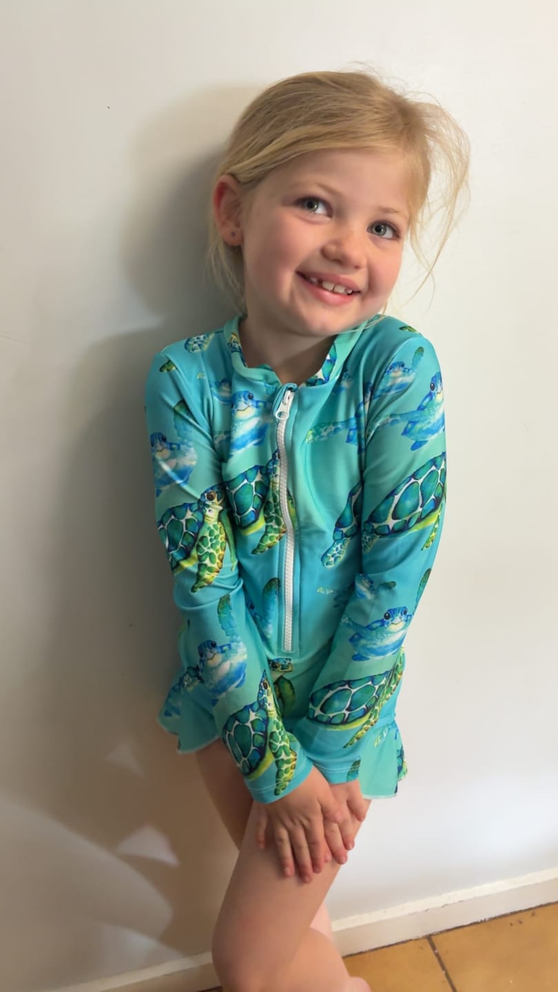Customer photo review of PREORDER Blue Turtle Girls Long Sleeve Zip Swimmers (Ships w/c 1st June)