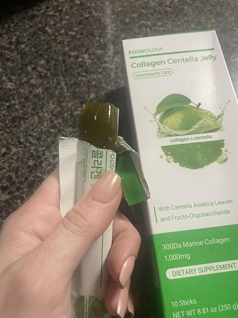 Customer photo review of FOODOLOGY Collagen Centella Jelly (Green Apple) – Collagen Peptide with PDRN – Biotin, Vitamin A & E for Skin Glow, Hair & Nails – 10 Sticks