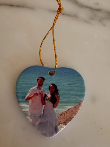Customer photo review of Engagement Ornament - Custom Map & Photo Gift Heart-shaped Ceramic Ornament