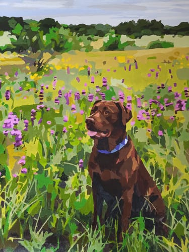Customer's Custom Paint By Numbers portrait of a brown dog in a vibrant meadow.