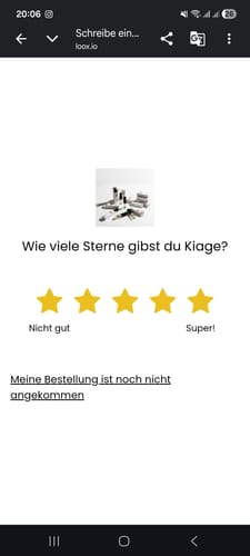 Customer's Tester Set review screen on a mobile device showing five stars and a miniature product collection.