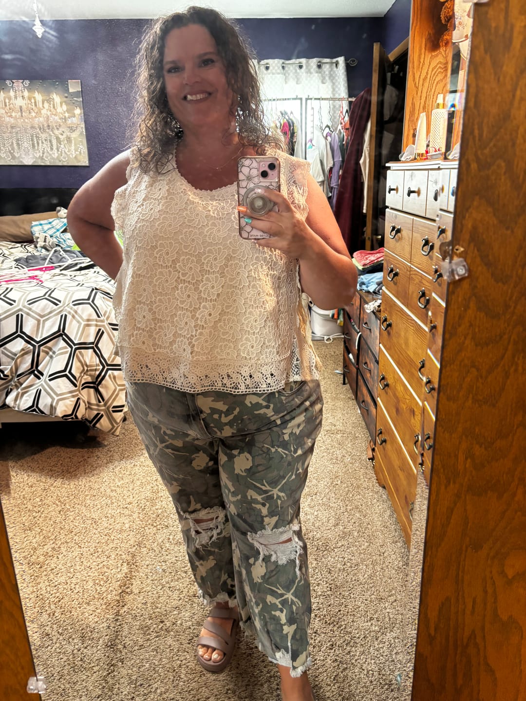 Customer photo review of Cream Floral Lace Tank Top With Scalloped Hems & Side Ties