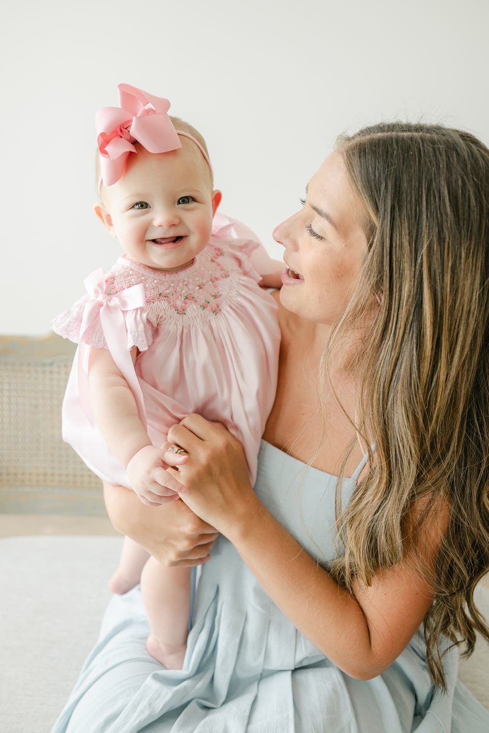 Customer photo review of Pink Satin Rosette & Pearls Smocked Bishop Bubble