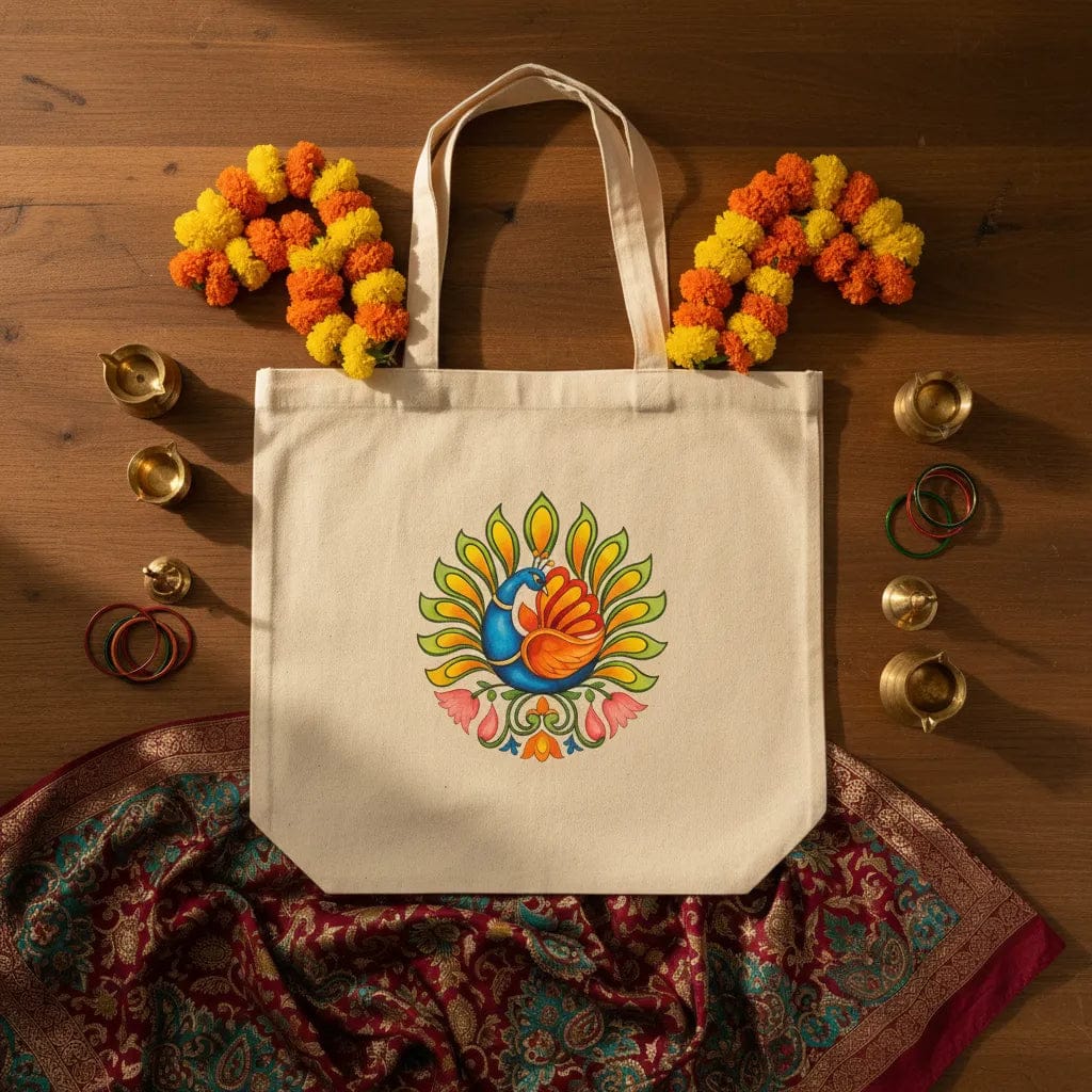 Customer photo review of Wrapzy Kerala Mural Peacock Tote Bag