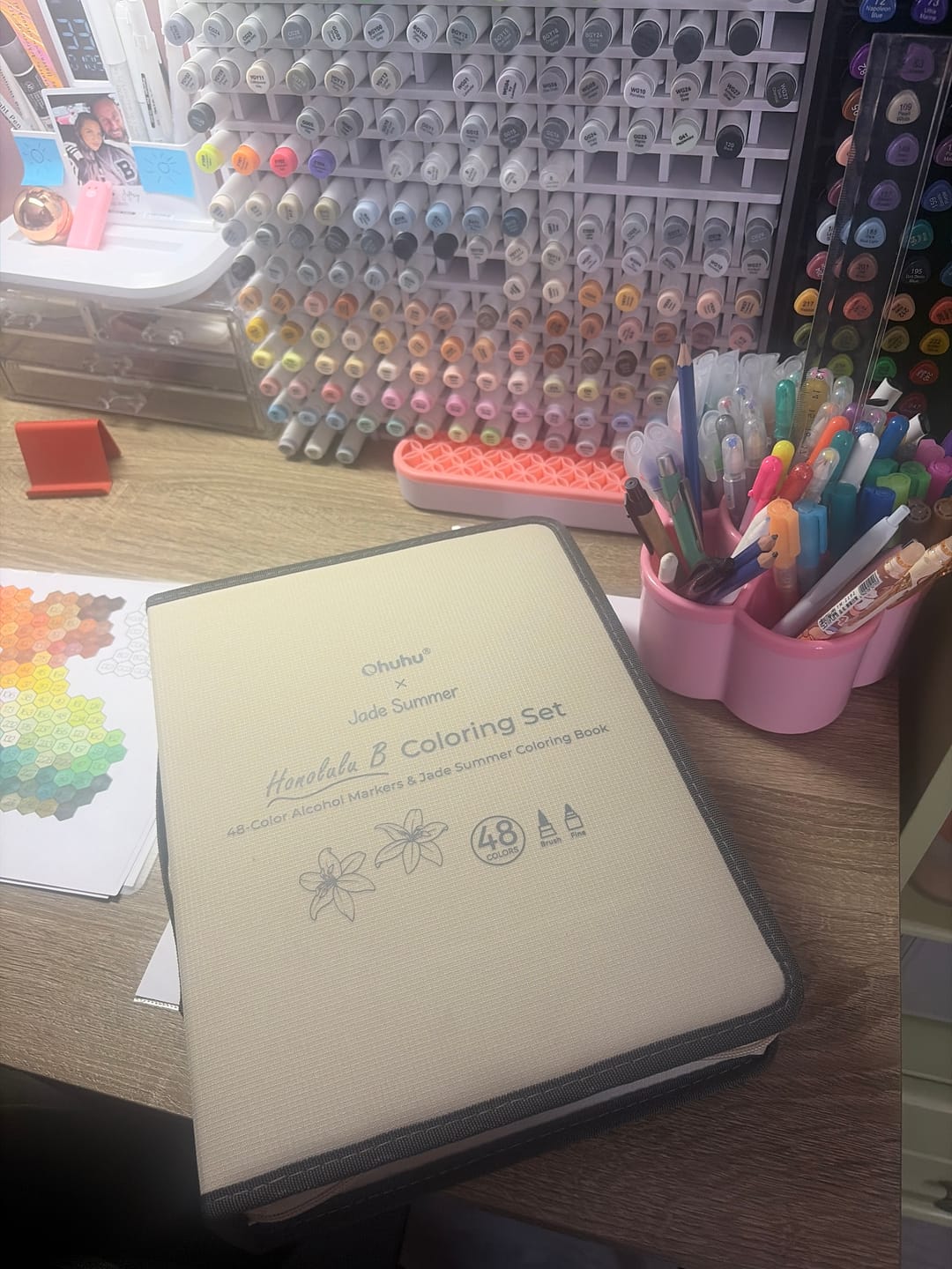Customer photo review of Ohuhu x Jade Summer Alcohol Markers & Coloring Book Set, 47 Colors + 1 Colorless Blender, Honolulu B, Brush & Fine Dual Tips