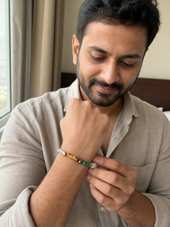 Customer photo review of Dhan Yog Bracelet – Natural Wealth & Prosperity Gemstone Bracelet