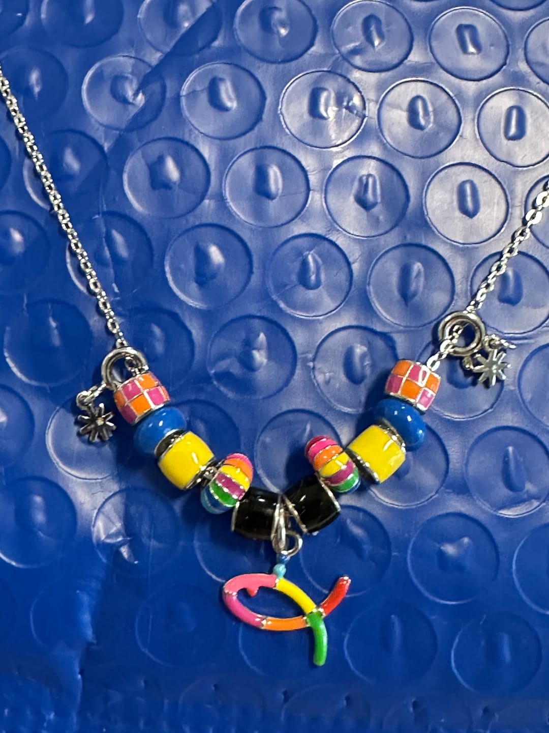 Customer photo review of Orange & Purple Check Cube Bead | Enamel Sterling Silver