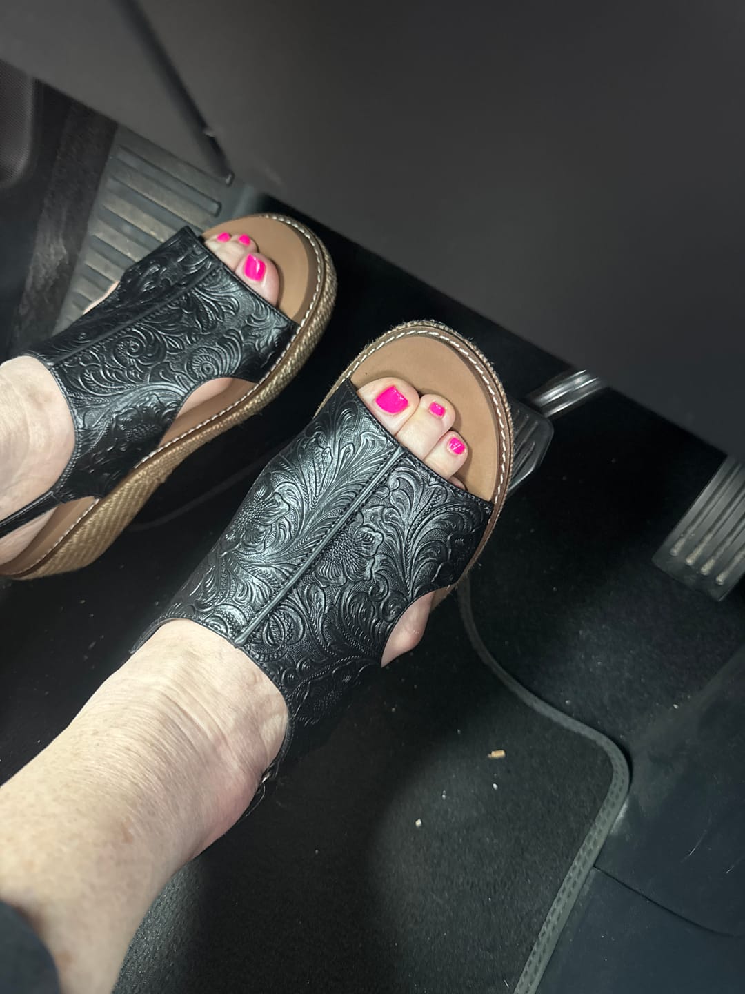 Customer photo review of Corky's Black Embossed Floral Volta II Sandals