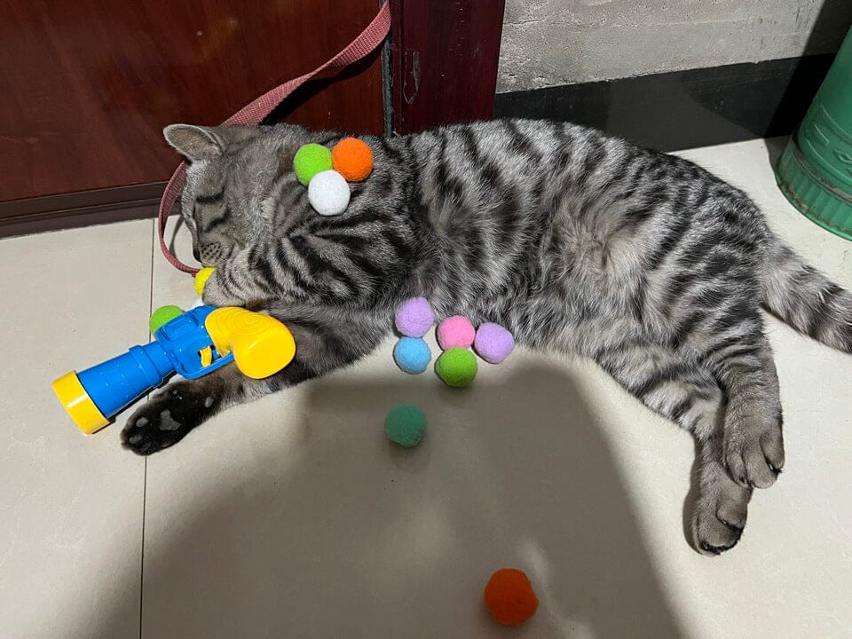 Customer photo review of Calming Puff Launcher (100 x soft fuzzy puff balls)
