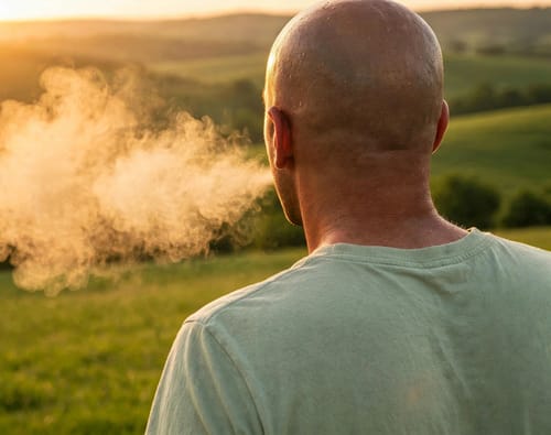 Customer's person exhaling a large cloud of vapor from the THC-A Vape, outdoors in a field at sunset.