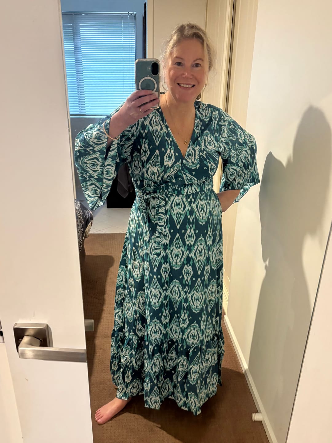 Customer photo review of Wrap Dress | Teal Ikat