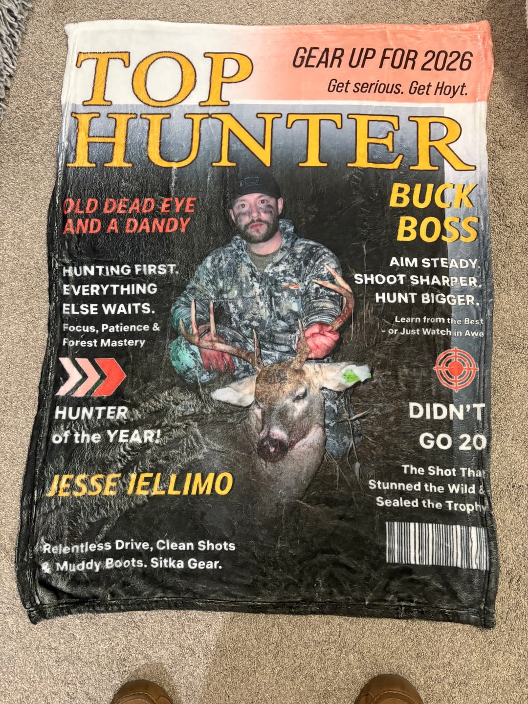 Customer photo review of Personalized "Top Hunter" Magazine Cover Blanket With Photo & Name & Tagline - Ultimate Christmas Hunting Gift For Dad Husband Friend