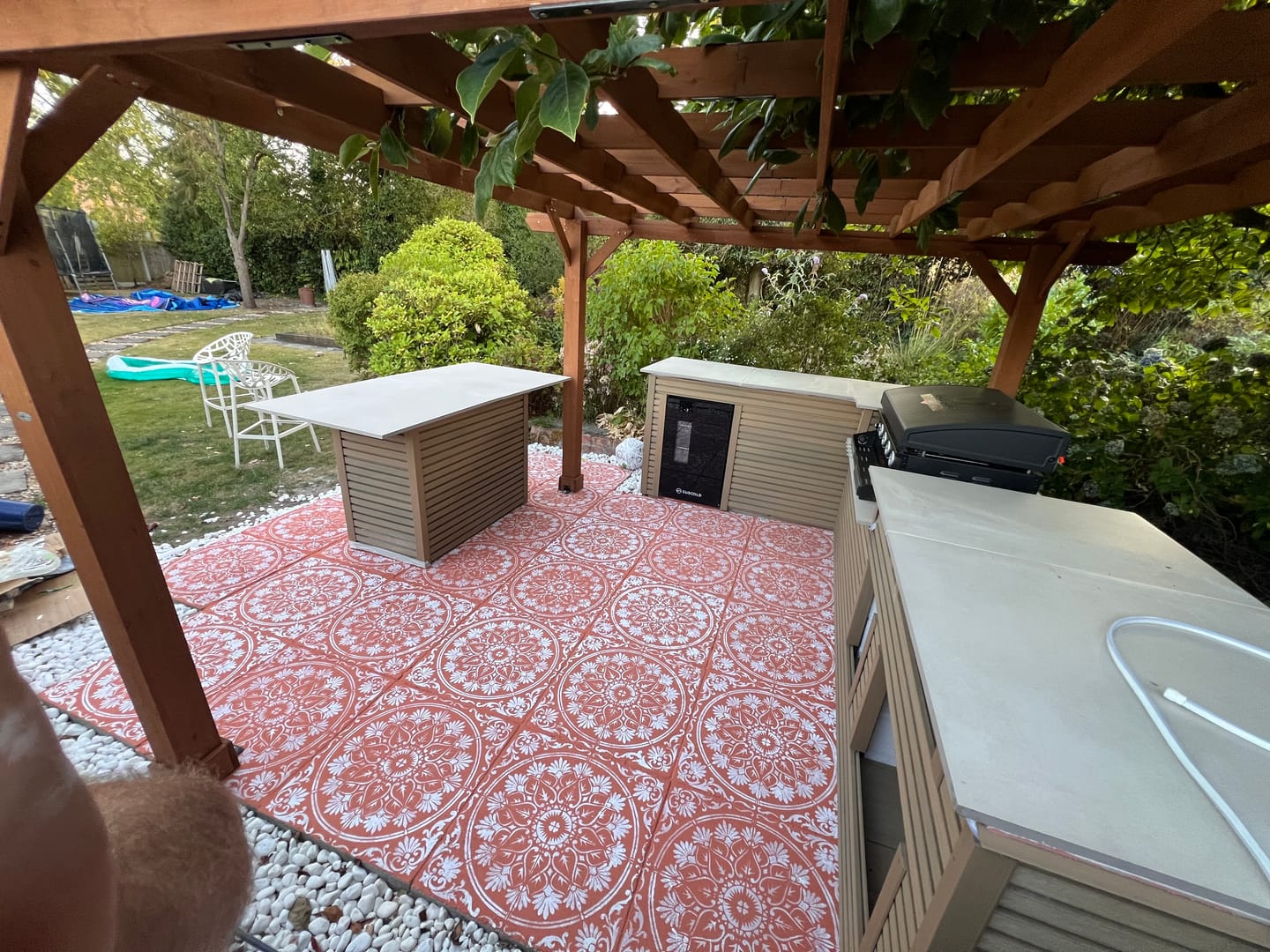 Customer photo review of Patio Stencil for Concrete Floor Makeovers 'Varanasi'