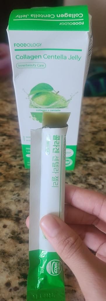 Customer photo review of FOODOLOGY Collagen Centella Jelly (Green Apple) – Collagen Peptide with PDRN – Biotin, Vitamin A & E for Skin Glow, Hair & Nails – 10 Sticks