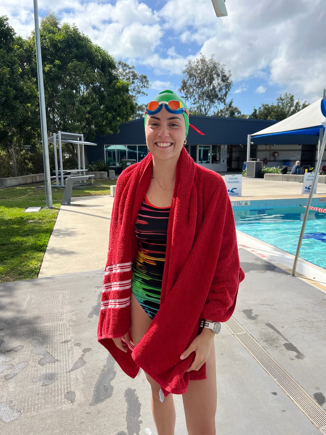 Customer photo review of NanoClear™ Strike Swim Goggles Sunrise Mirror - (Blue/Red)