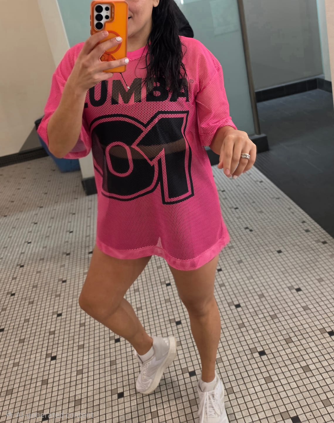 Customer photo review of Ultrabright Oversized Mesh V-Neck Top