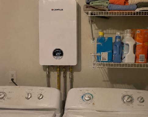 Customer photo review of 3.18 GPM Indoor Propane Tankless Water Heater with Wall Thimble, White