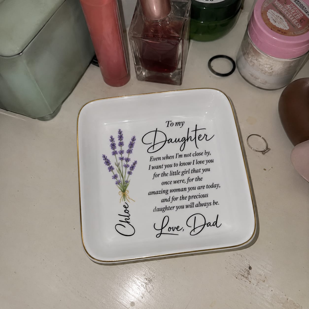Customer photo review of Personalized Floral Jewelry Dish – Meaningful Gift for Daughter