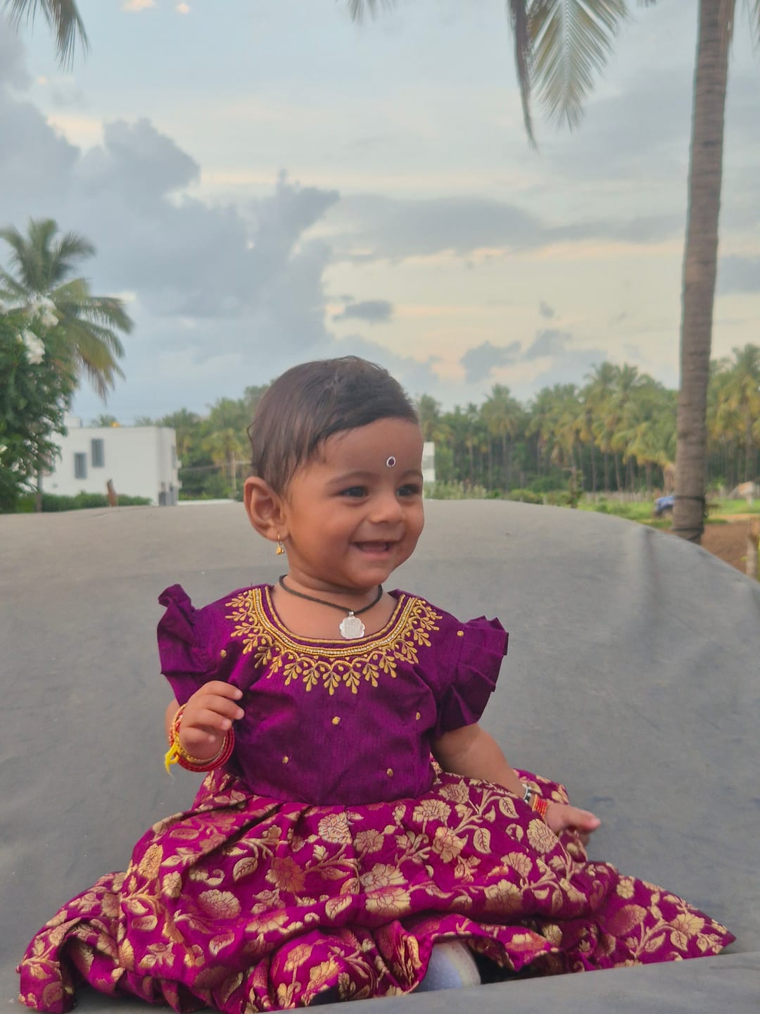 Customer photo review of Wine Banarasi Silk Ethnic Wear Dress for Girls / Baby Girl