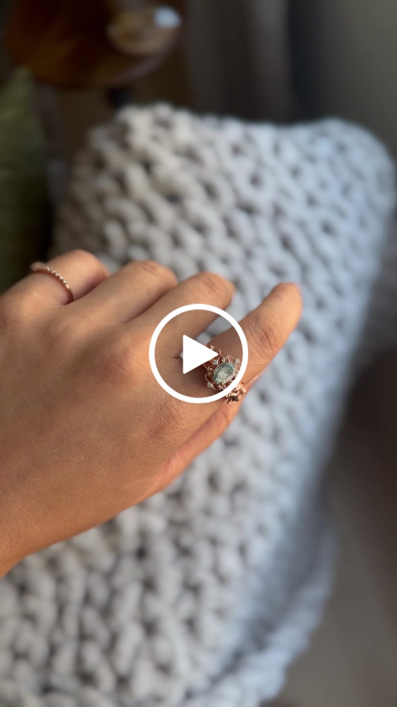 Customer video review of The Misty angel-Oval art deco colored moissanite emgagement ring| Doveggs