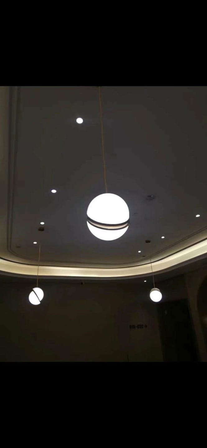 Customer photo review of Crescent Brass Pendant Light, Opal Acrylic Sphere, 20 to 40 cm
