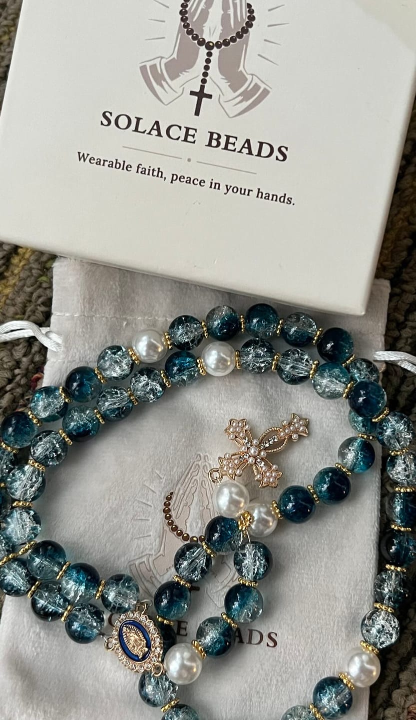 Customer photo review of SolaceBeads Gradient Ocean Crackle Glass Rosary & Pearl Embedded Cross: Rooted in Guadalupe Faith