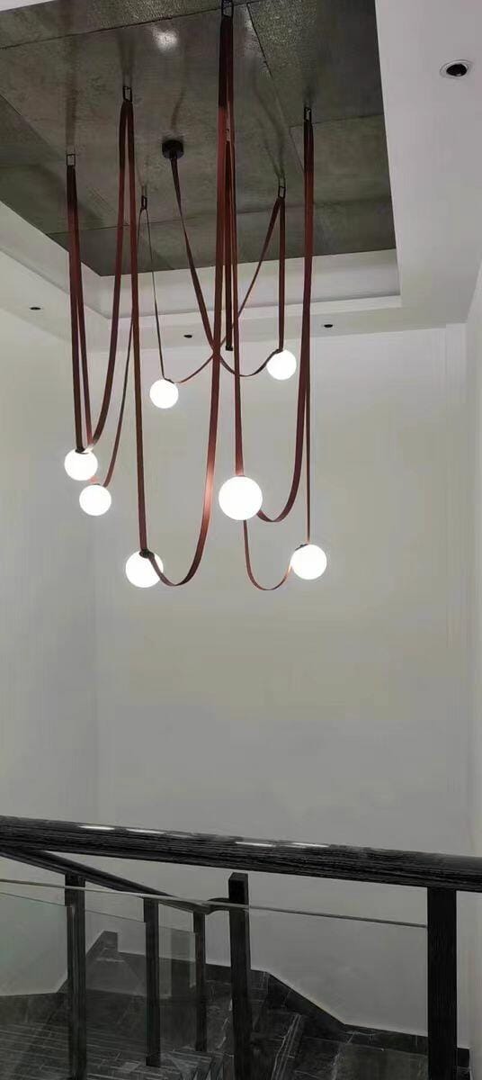 Customer photo review of Multiple Belt Art Pendant Light, Leather or Canvas Glass Globe Chandelier
