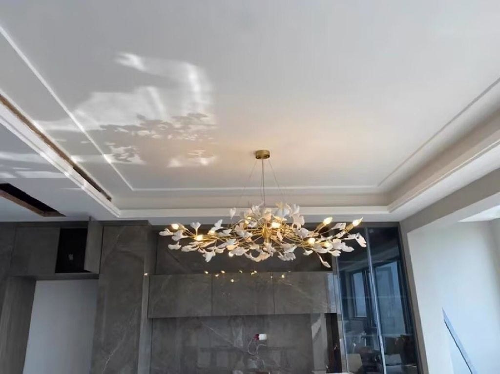 Customer photo review of Linear Chandelier, White Porcelain Ginkgo Leaves, Brass Branches, G9