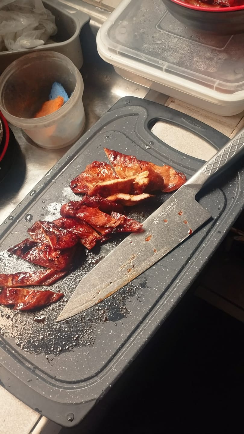 Customer photo review of 215mm K-tip Gyuto. Stonewashed AUS8 Steel. Skate Waffle Stonewashed Steel Handle