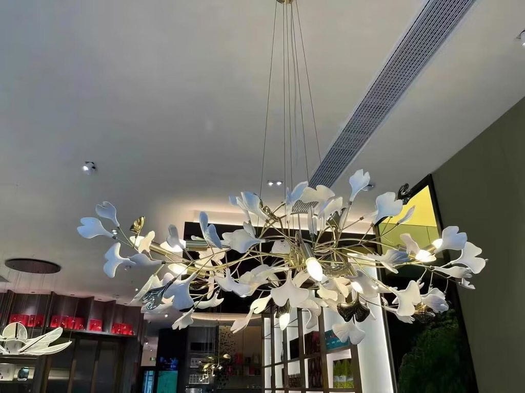 Customer photo review of Linear Chandelier, White Porcelain Ginkgo Leaves, Brass Branches, G9