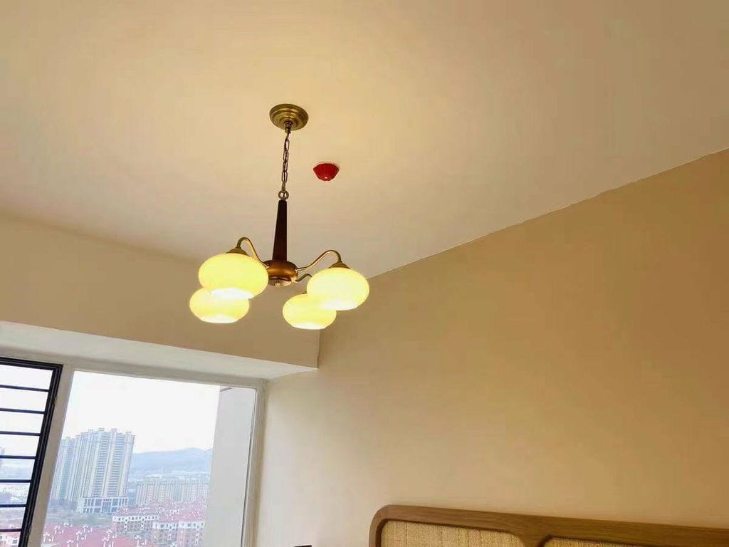 Customer photo review of Walnut Chandelier, Cream Glass Shades on Brass Arms, 3 to 6 Lights