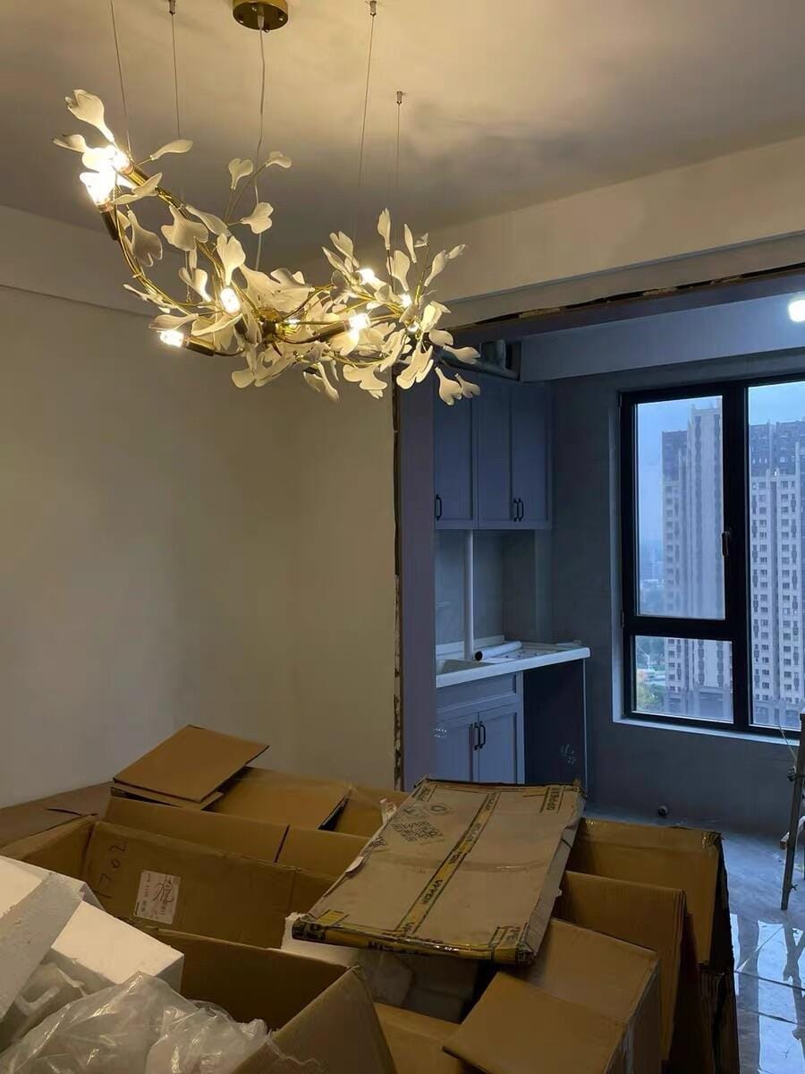Customer photo review of Linear Chandelier, White Porcelain Ginkgo Leaves, Brass Branches, G9
