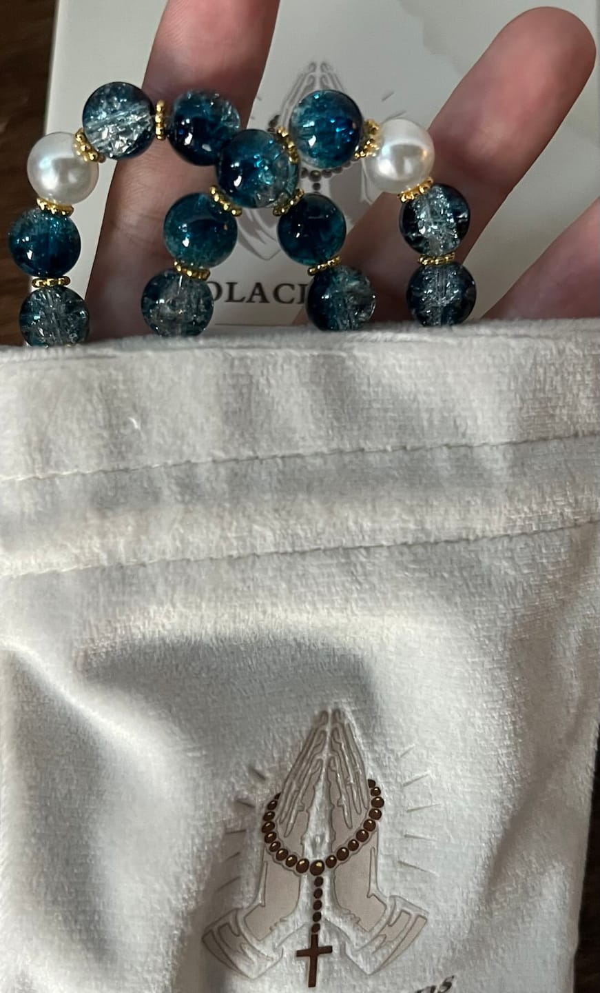 Customer photo review of SolaceBeads Gradient Ocean Crackle Glass Rosary & Pearl Embedded Cross: Rooted in Guadalupe Faith