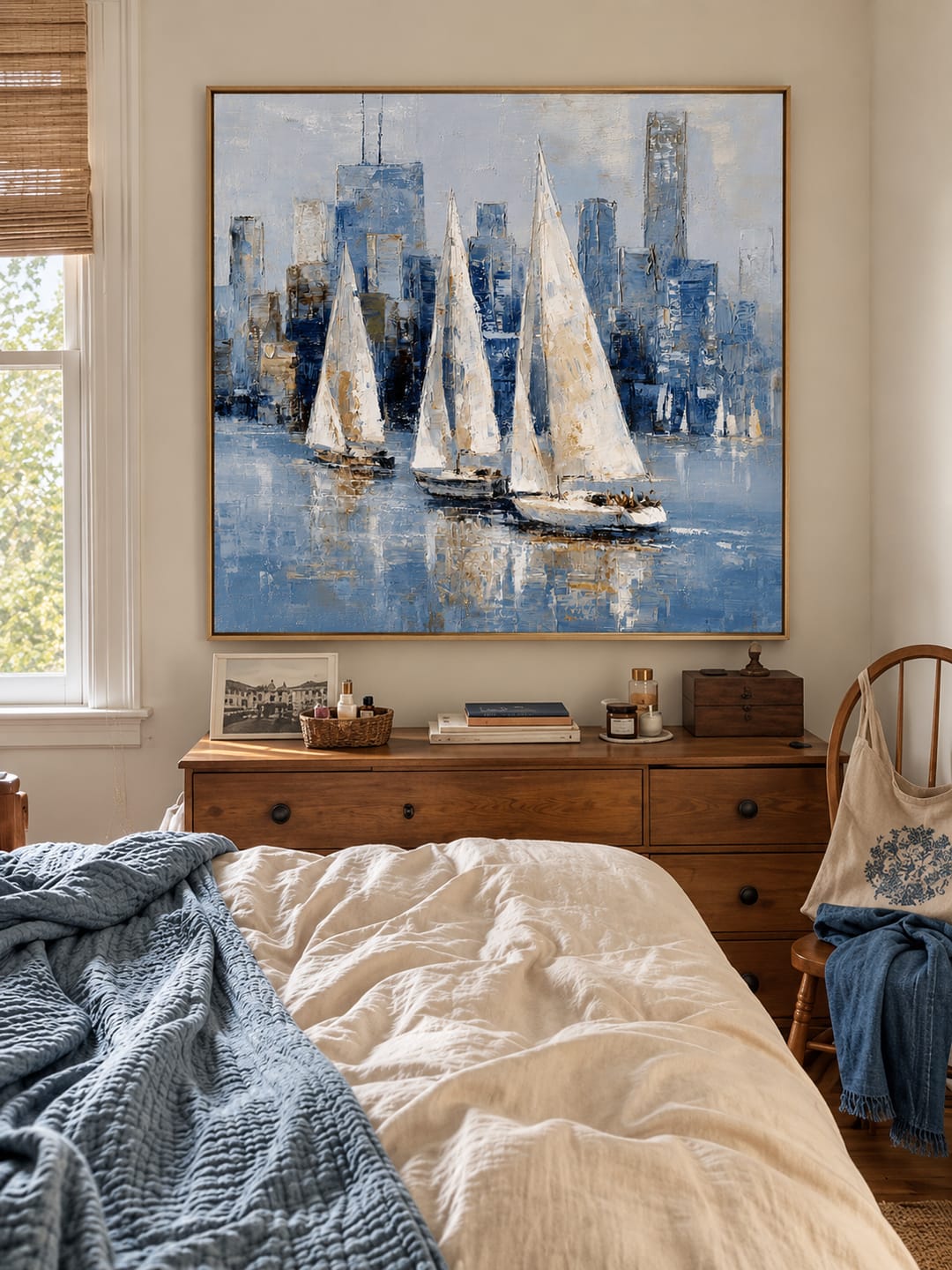 Customer photo review of "Sailing the Skyline" – Modern Impressionist Blue and Gold Sailboat Palette Knife Painting