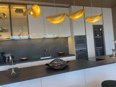 Customer photo review of Hammered Brass Pendant Light, Curved Shade, 1.5 m Cable