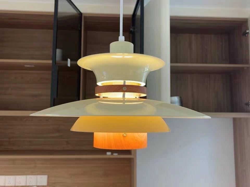 Customer photo review of Pendant Light, Metal Shades on Walnut Rings, 35 cm