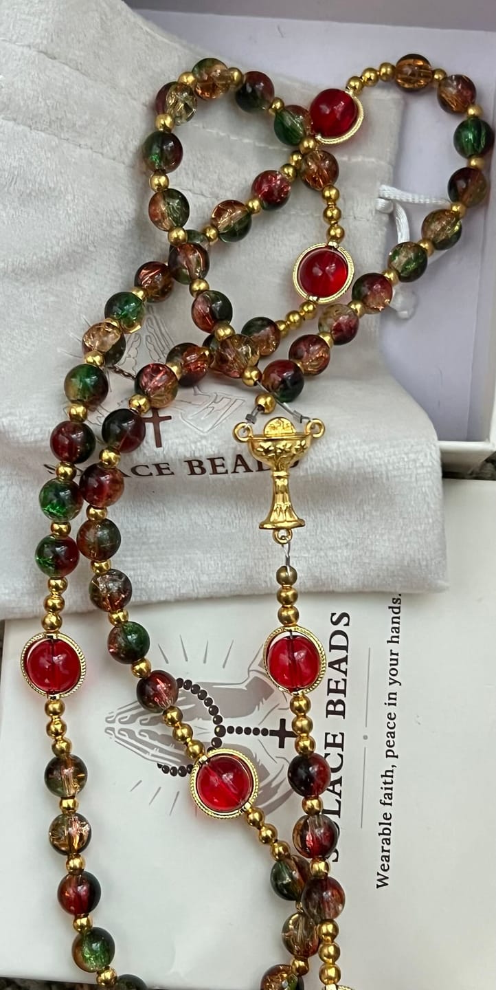 Customer photo review of SolaceBeads Color Glass Rosary, Red Transparent Spacers & Gold Charms: Dazzling Bright Daily Devotion