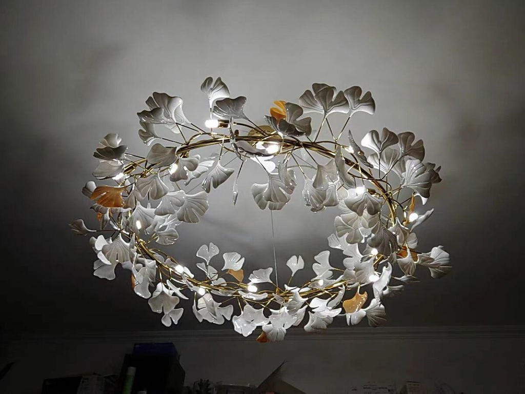 Customer photo review of Chandelier, White Porcelain Ginkgo Leaves, Brass Ring, G9, Dimmable