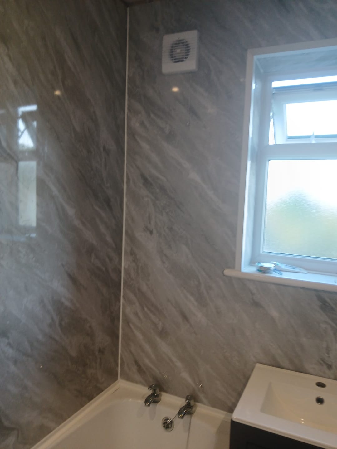 Customer photo review of Premium Grey Stone Marble Gloss Shower Wall Panel - 1M x 2.4M
