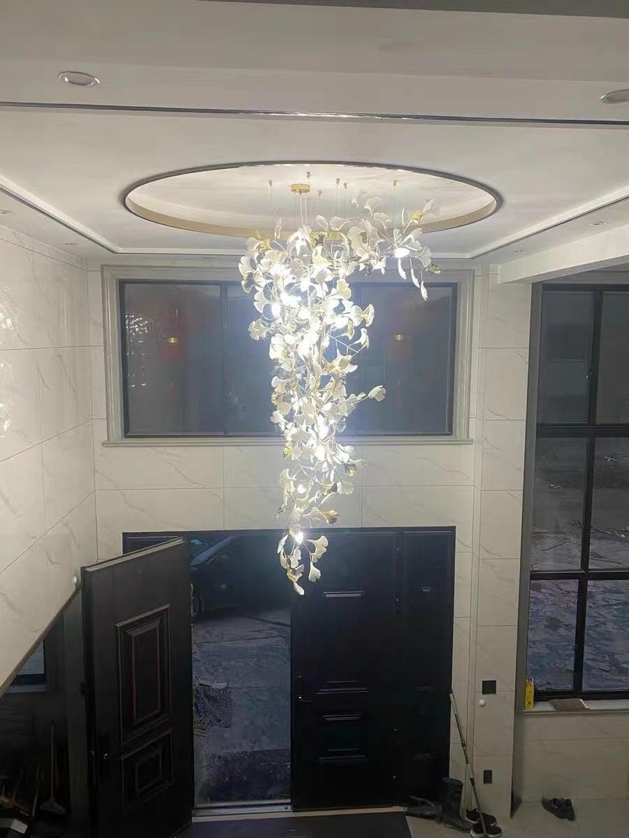 Customer photo review of Gingko Chandelier With Wrapped Porcelain Petals, Brass Column, 4 Sizes