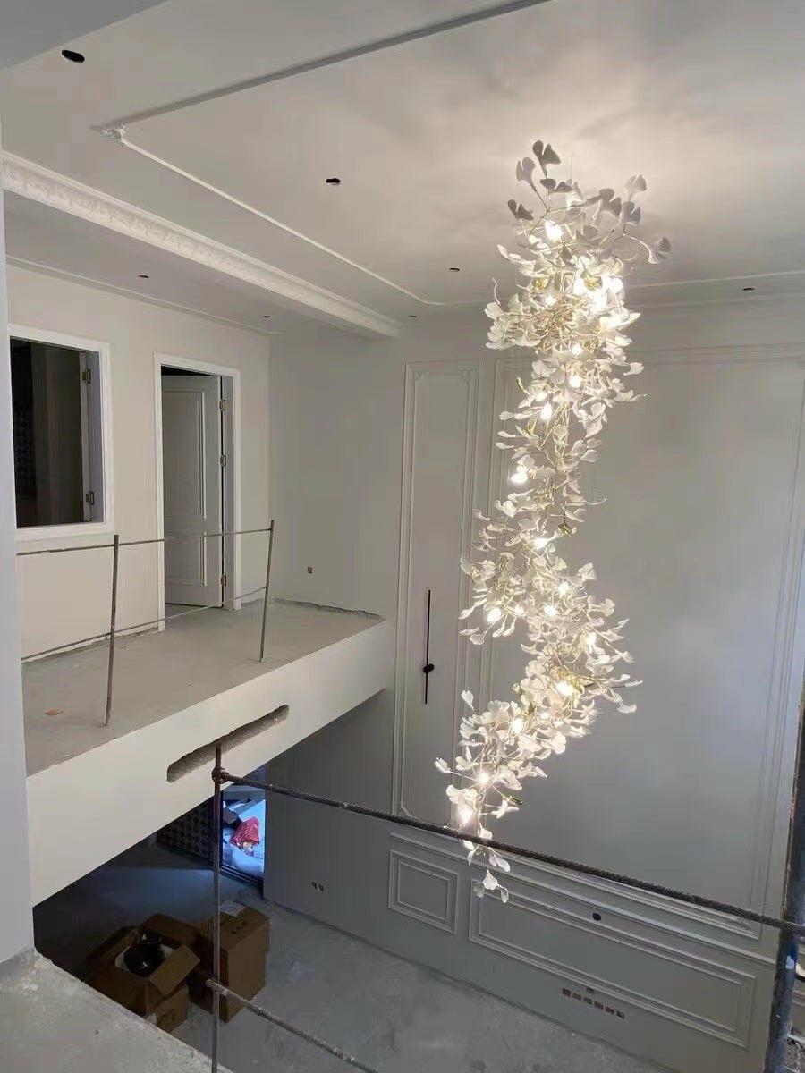 Customer photo review of Gingko Chandelier With Wrapped Porcelain Petals, Brass Column, 4 Sizes