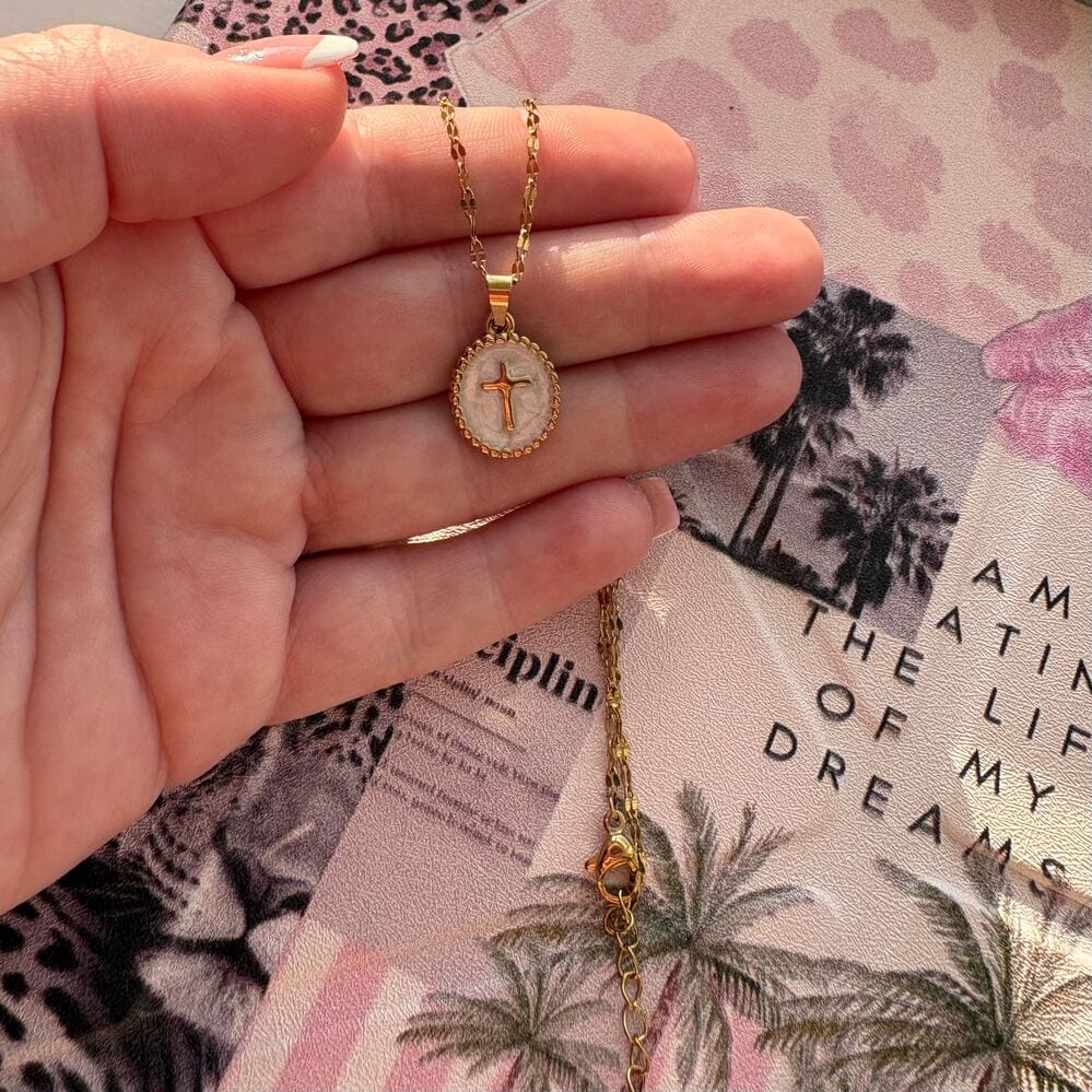 Customer photo review of Pastel Oval Cross Necklace