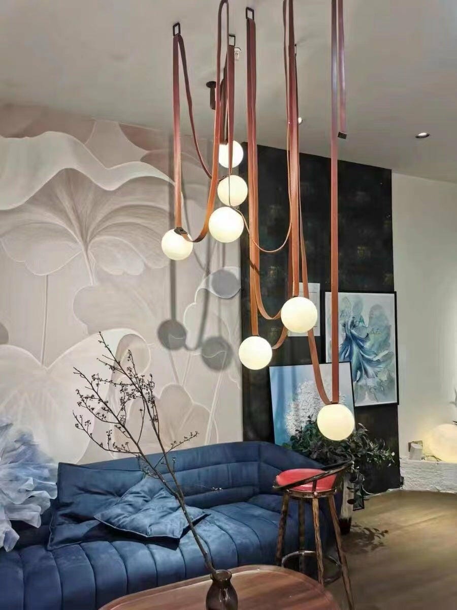 Customer photo review of Multiple Belt Art Pendant Light, Leather or Canvas Glass Globe Chandelier