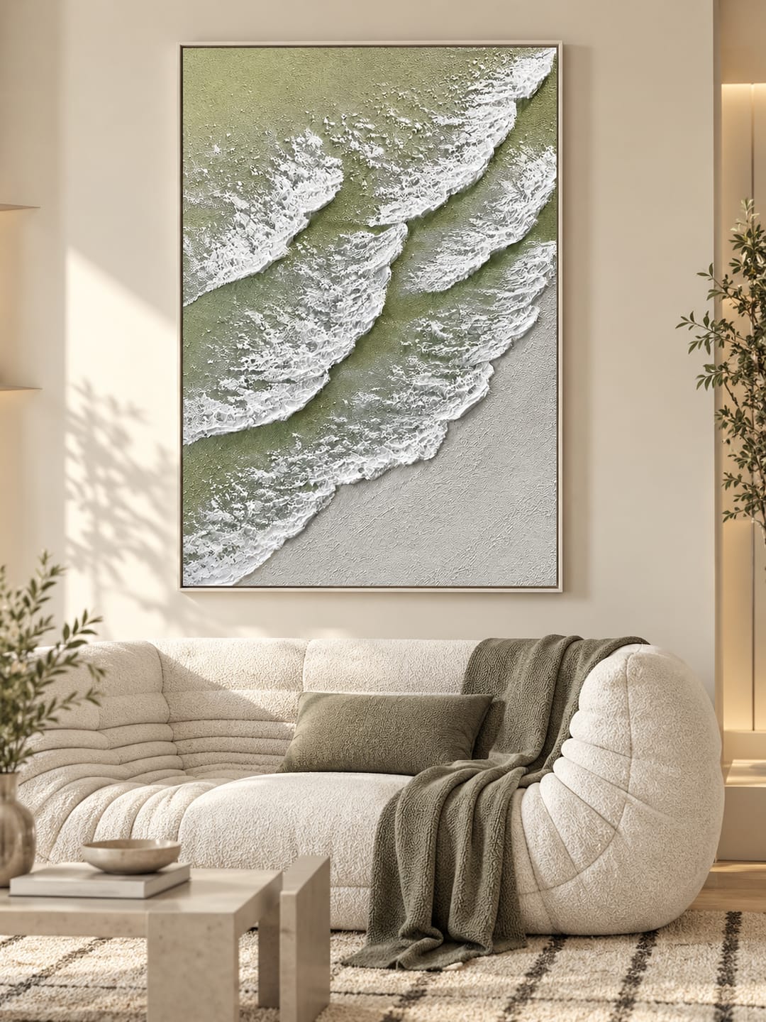 Customer photo review of "Romantic Tides"—A Minimalist Coastal Acrylic Painting with Sage Green Textured Waves
